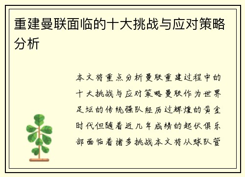 重建曼联面临的十大挑战与应对策略分析
